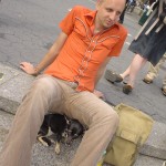 Normal Bob with Dog on the steps of Union Square NYC