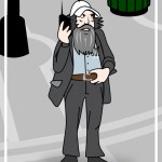 bearded man with radio to ear cartoon
