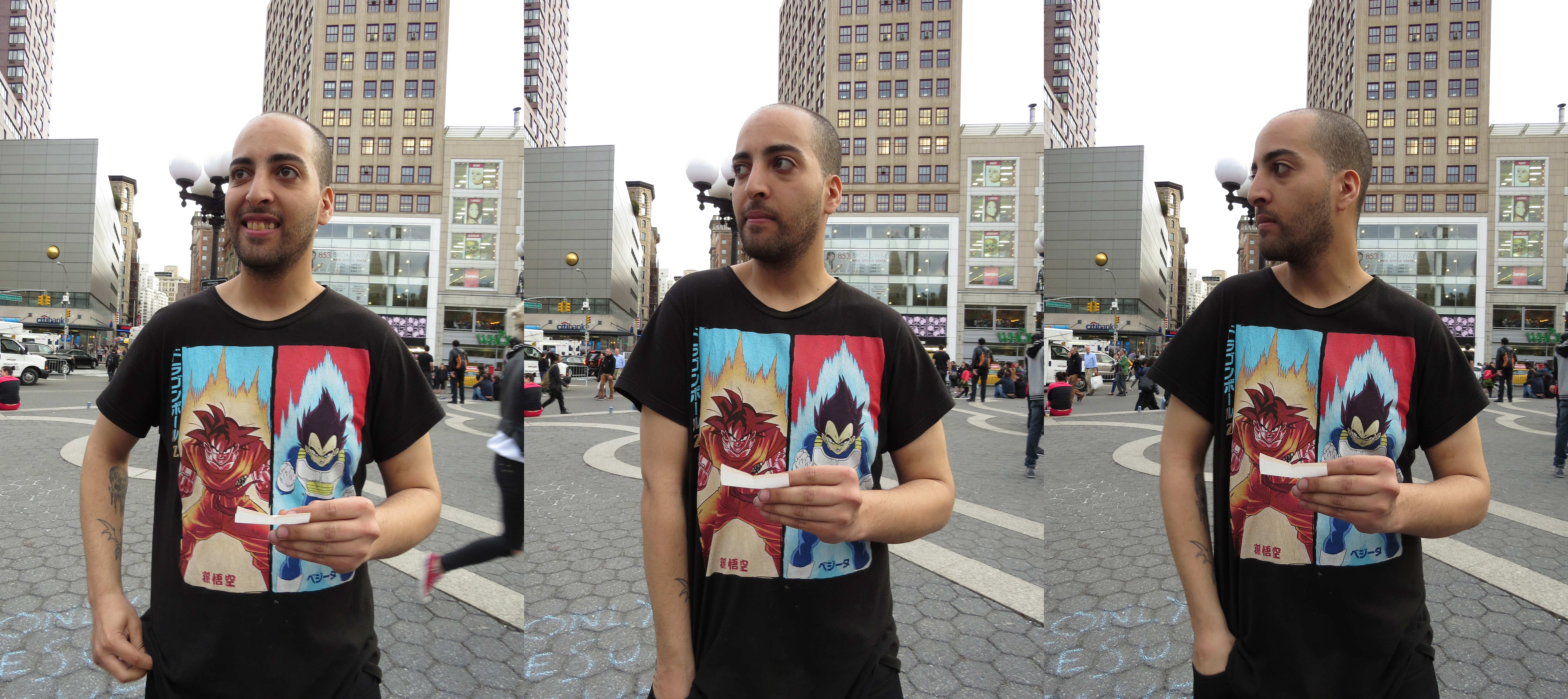 bald man in anime tee shirt