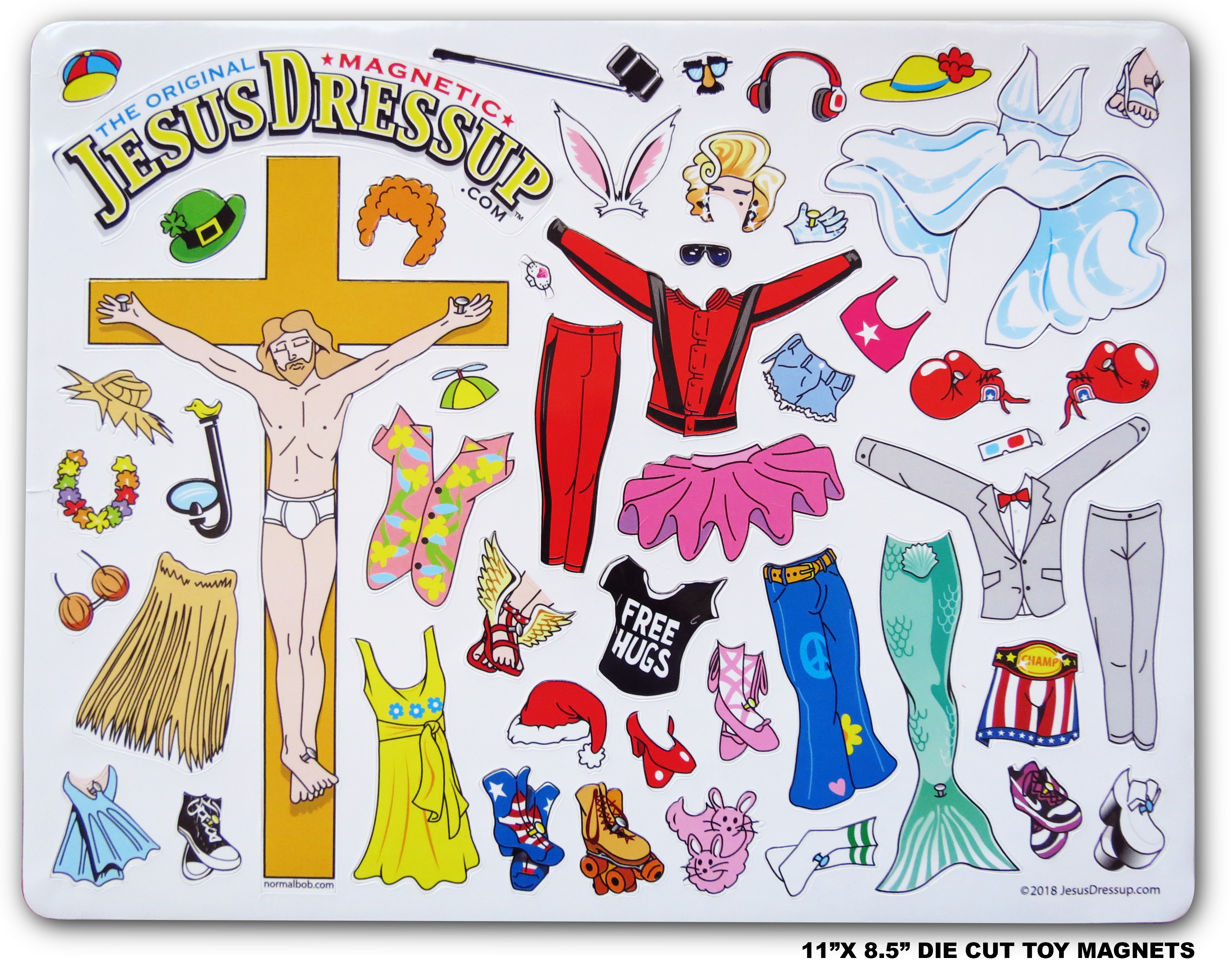The Original Jesus Dressup fridge magnets ($15) include a hula skirt w/coconut bra, Marilyn Monroe dress, mermaid's tail, selfie stick and a wide variety of hats, shoes, pants and everything inbetween 
