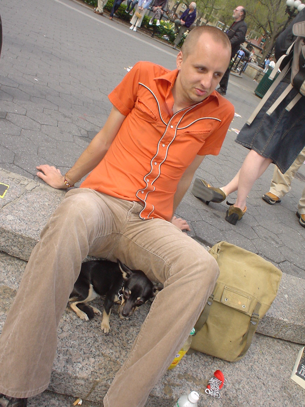 Normal Bob with Dog on the steps of Union Square NYC