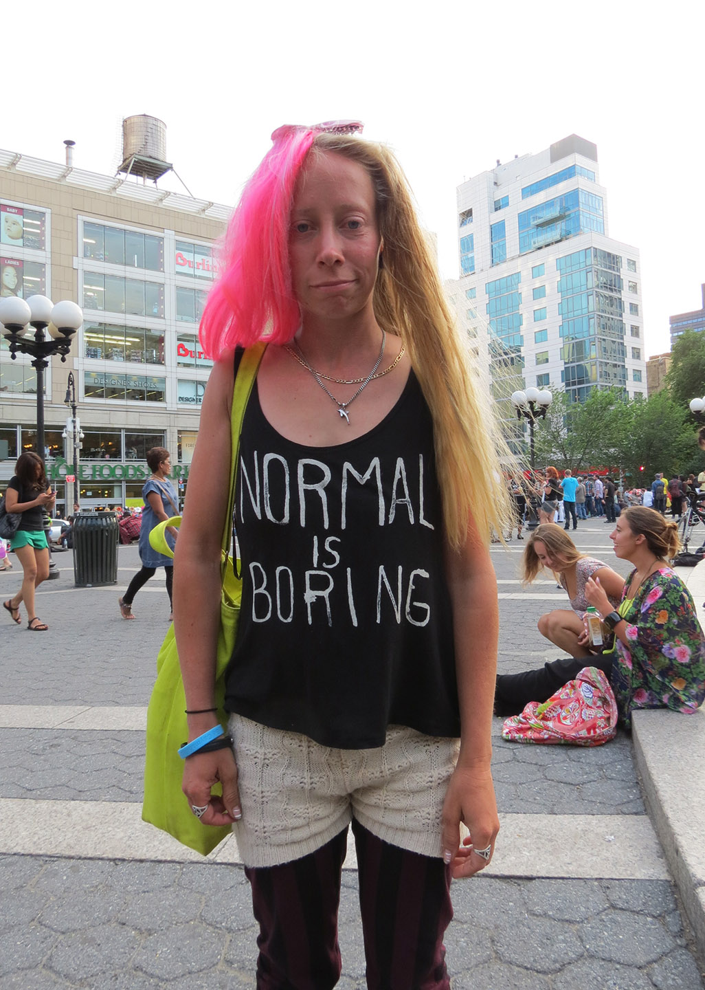 girl with pink hair in normal is boring shirt