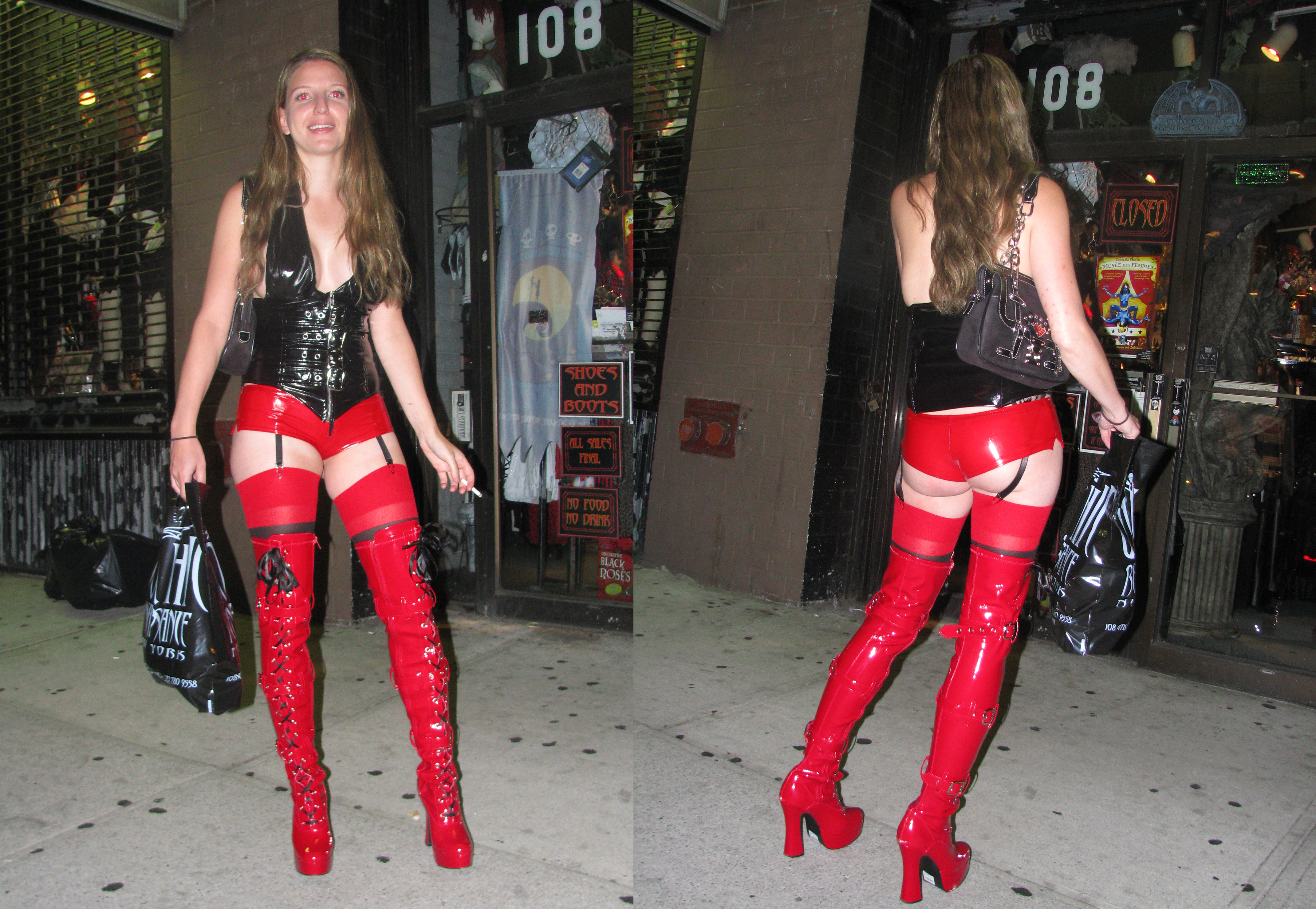 Woman in red vinyl boots & hot pants