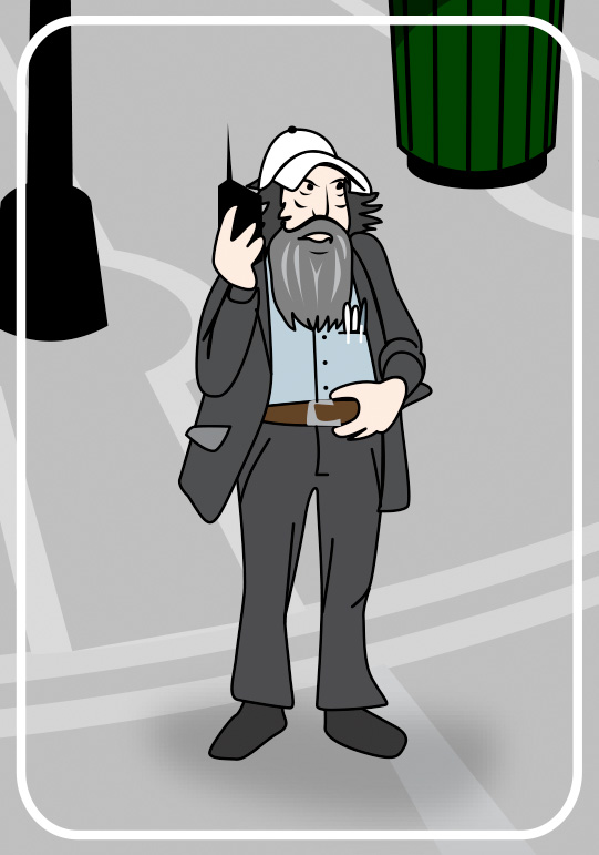 bearded man with radio to ear cartoon