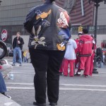 Woman wearing Looney Toons Leather Coat