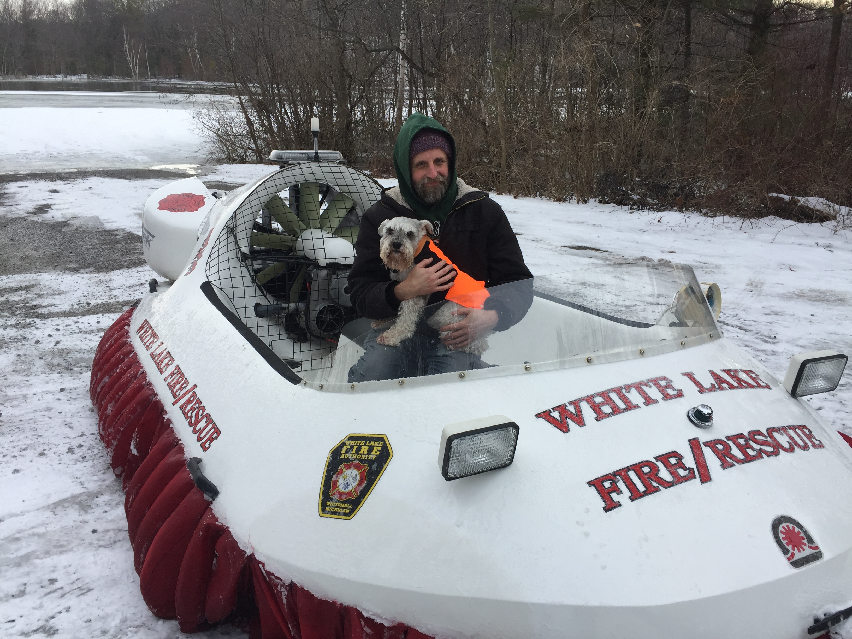 Shotzi & I in fire dpt hovercraft taken 2 days after I fell thru the ice