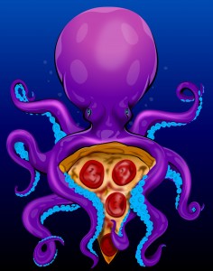 putple octopus with pizza